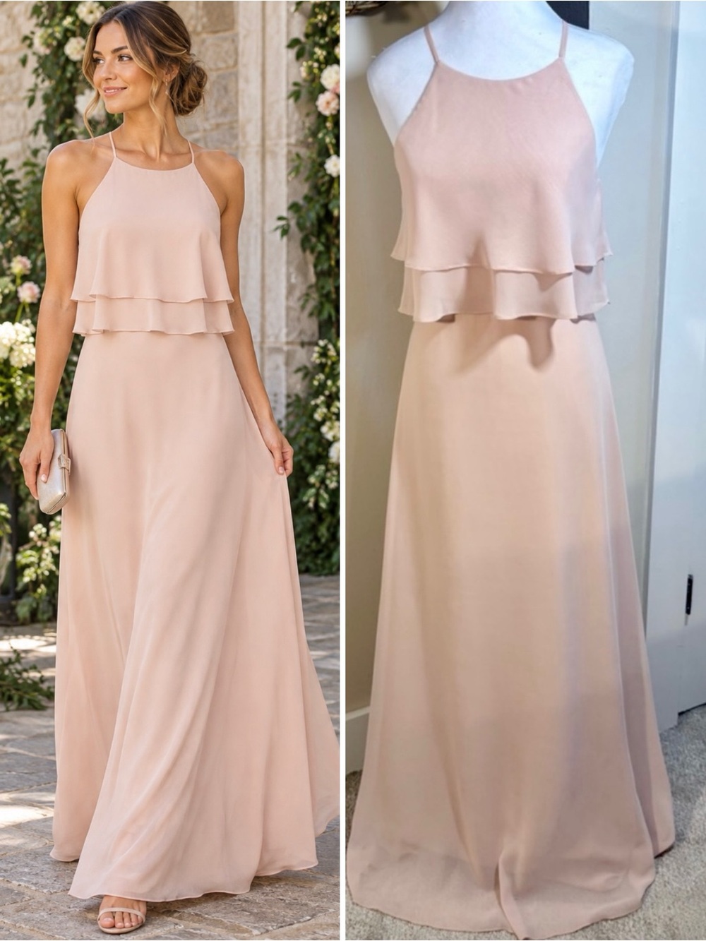 π₯Jenny Yoo Charlie Blush Chiffon Ruffle Halter Bridesmaid Maxi Gown Sz 2 π§‘